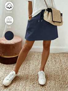 SHEIN Holidaya 女款休閒彈性腰綁帶A字裙，夏季、度假、節慶、優雅裙、派對、海灘、畢業典禮、外出、休閒裙、度假、夏季假期、Y2K、鄉村音樂會、鄉村風裙、通勤 - 藏蓝色 - 查看 1