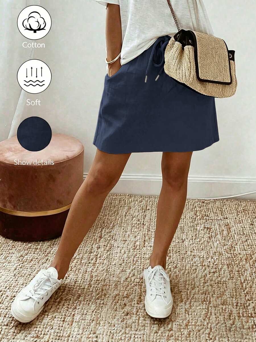 SHEIN Holidaya 女款休閒彈性腰綁帶A字裙,夏季、度假、節慶、優雅裙、派對、海灘、畢業典禮、外出、休閒裙、度假、夏季假期、Y2K、鄉村音樂會、鄉村風裙、通勤 - 藏蓝色 - 查看 1