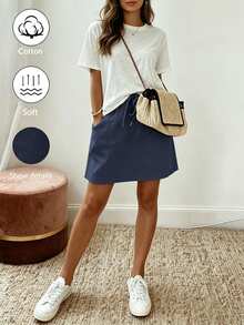 SHEIN Holidaya 女款休閒彈性腰綁帶A字裙，夏季、度假、節慶、優雅裙、派對、海灘、畢業典禮、外出、休閒裙、度假、夏季假期、Y2K、鄉村音樂會、鄉村風裙、通勤 - 藏蓝色 - 查看 7