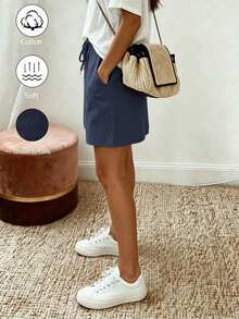 SHEIN Holidaya 女款休閒彈性腰綁帶A字裙，夏季、度假、節慶、優雅裙、派對、海灘、畢業典禮、外出、休閒裙、度假、夏季假期、Y2K、鄉村音樂會、鄉村風裙、通勤 - 藏蓝色 - 查看 3