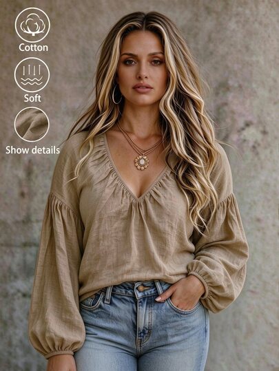 Linhara CURVE Plus Size Women Khaki Cotton Linen V-Neck Gathered Neck Lantern Puff Long Sleeve Blouse, Relaxed Flowy Boho Casual Daily Going Out Commute Vintage Top