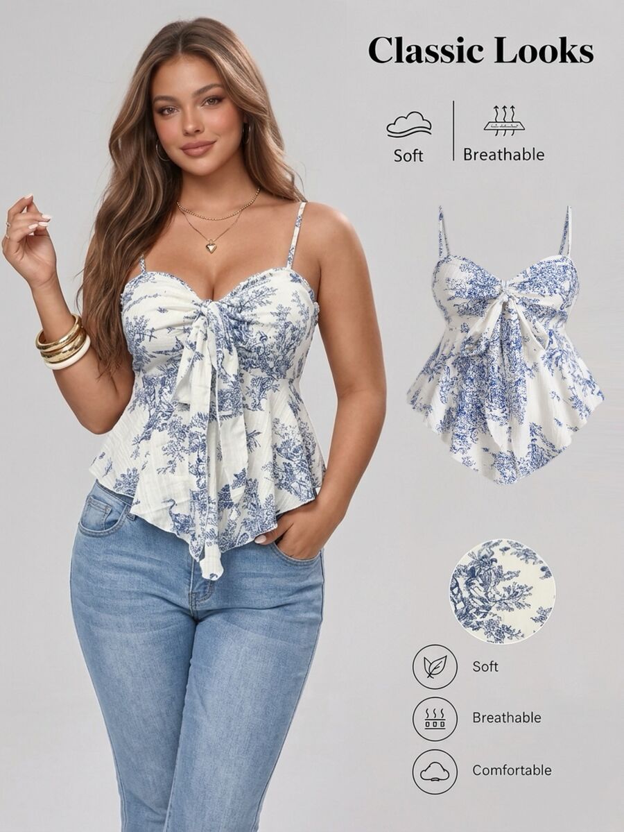Sweetra Plus Size Summer Asymmetrical Hem Cami Top With Front Center Tie, Elastic Back, Textured Fabric, Printed - Multicolor - View 1