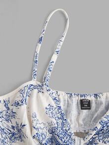 Sweetra Plus Size Summer Asymmetrical Hem Cami Top With Front Center Tie, Elastic Back, Textured Fabric, Printed - Multicolor - View 5