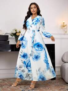 Seusyu Plus Size Women Floral Print Lantern Sleeve Elegant Dress For Vacation - Multicolor - View 3