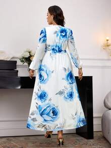 Seusyu Plus Size Women Floral Print Lantern Sleeve Elegant Dress For Vacation - Multicolor - View 2