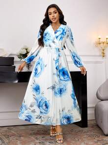 Seusyu Plus Size Women Floral Print Lantern Sleeve Elegant Dress For Vacation - Multicolor - View 5