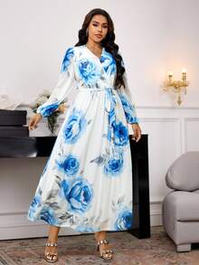 Seusyu Plus Size Women Floral Print Lantern Sleeve Elegant Dress For Vacation - Multicolor - View 1