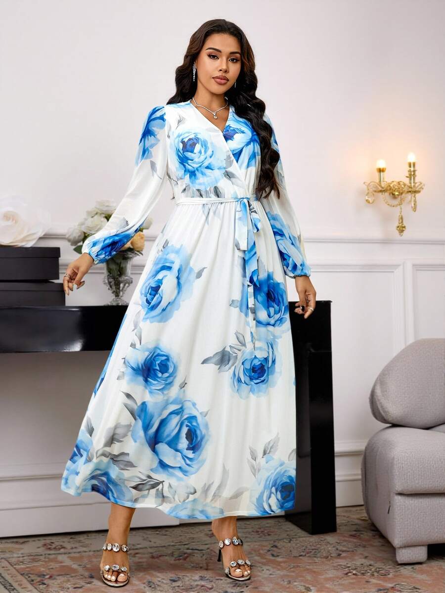 Seusyu Plus Size Women Floral Print Lantern Sleeve Elegant Dress For Vacation - Multicolor - View 1