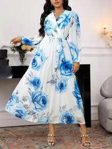 Seusyu Plus Size Women Floral Print Lantern Sleeve Elegant Dress For Vacation - Multicolor - View 6