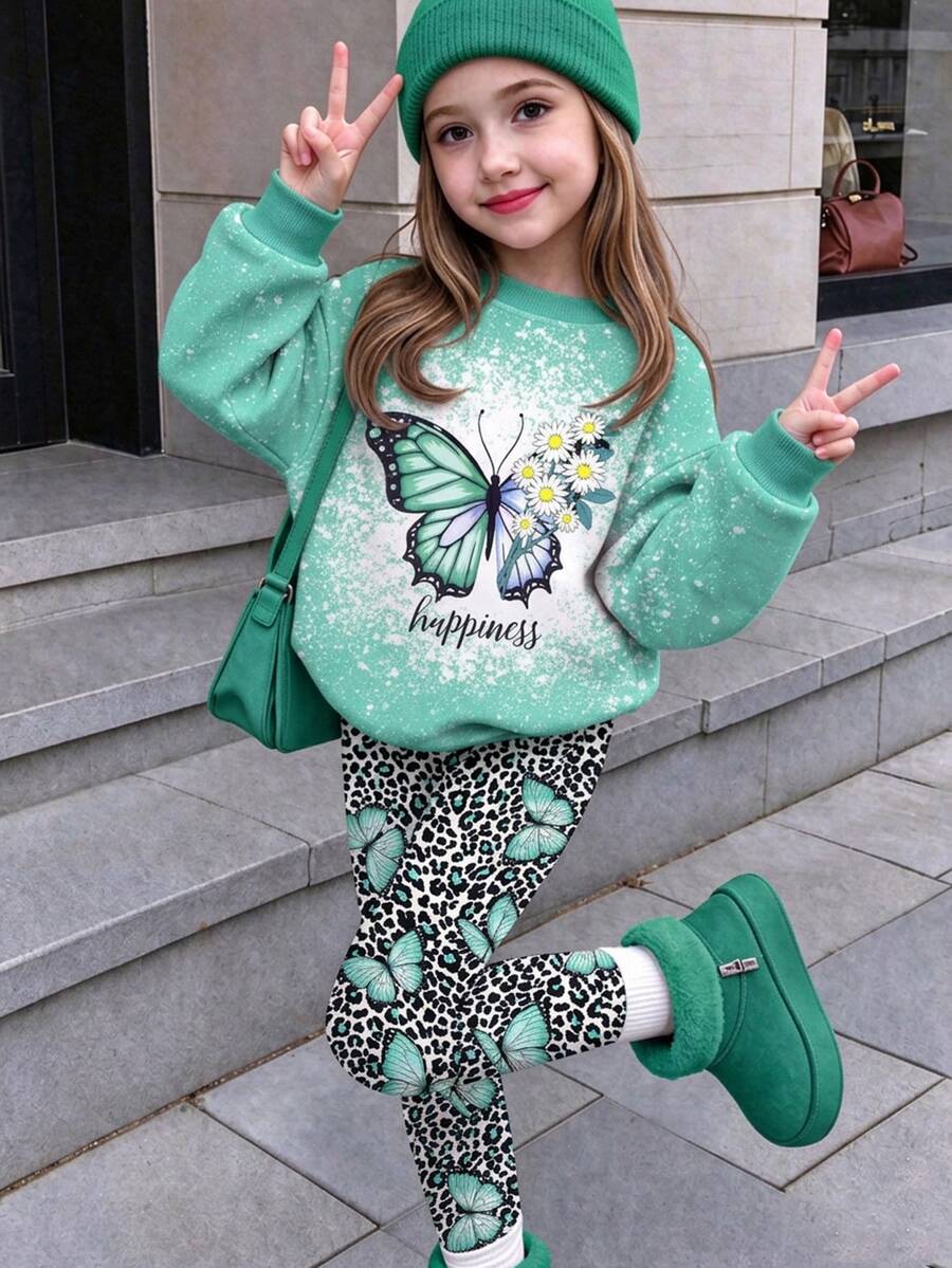 Young Girl Butterfly Daisy Letter Print Sweatshirt Leggings Set, Fall Casual Outfit White - Multicolor - View 1
