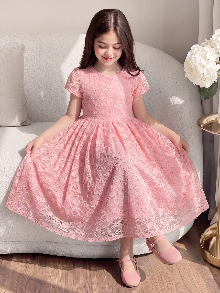 SHEIN Young Girl Sweet Lace Trim A-Line Dress With Flutter Sleeves, Yellow, Suitable For Family Gatherings And Outdoor Activities, Spring/Summer - Baby Pink - View 1