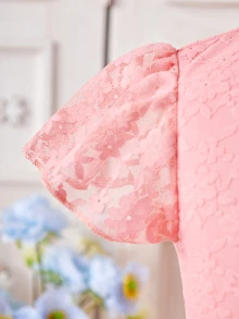 SHEIN Vestido dulce con ribete de encaje en línea A y mangas de volante para niña joven, amarillo, adecuado para reuniones familiares y actividades al aire libre, primavera/verano - Rosa Pálido - Ver 7