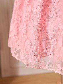 SHEIN Vestido dulce con ribete de encaje en línea A y mangas de volante para niña joven, amarillo, adecuado para reuniones familiares y actividades al aire libre, primavera/verano - Rosa Pálido - Ver 10