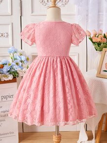 SHEIN Vestido dulce con ribete de encaje en línea A y mangas de volante para niña joven, amarillo, adecuado para reuniones familiares y actividades al aire libre, primavera/verano - Rosa Pálido - Ver 4