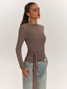 SHEIN BAE Fall Clothes For Women 2PCS Women Solid Tie Waist Long Sleeve Tops Fall/Winter - Coffee Brown - View 4