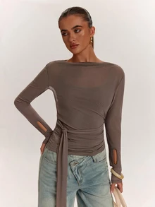 SHEIN BAE Fall Clothes For Women 2PCS Women Solid Tie Waist Long Sleeve Tops Fall/Winter - Coffee Brown - View 5