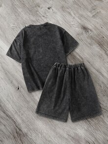 SHEIN 2pcs Boys Casual Snowflake Print Crew Neck Knit T-Shirt And Shorts Set,Gray,Summer,City Break,Comfortable Fabric,Fashionable Fit,Spring New Arrival - Black - View 5