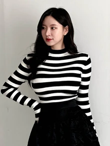 DAZY Striped Pattern Mock Neck Sweater,Long Sleeve Tops,Fall Clothes - Black and White - View 3