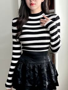 DAZY Striped Pattern Mock Neck Sweater,Long Sleeve Tops,Fall Clothes - Black and White - View 6