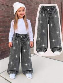 SHEIN Young Girl High Waist Wide Leg Jeans Autumn Winter - Black - View 4