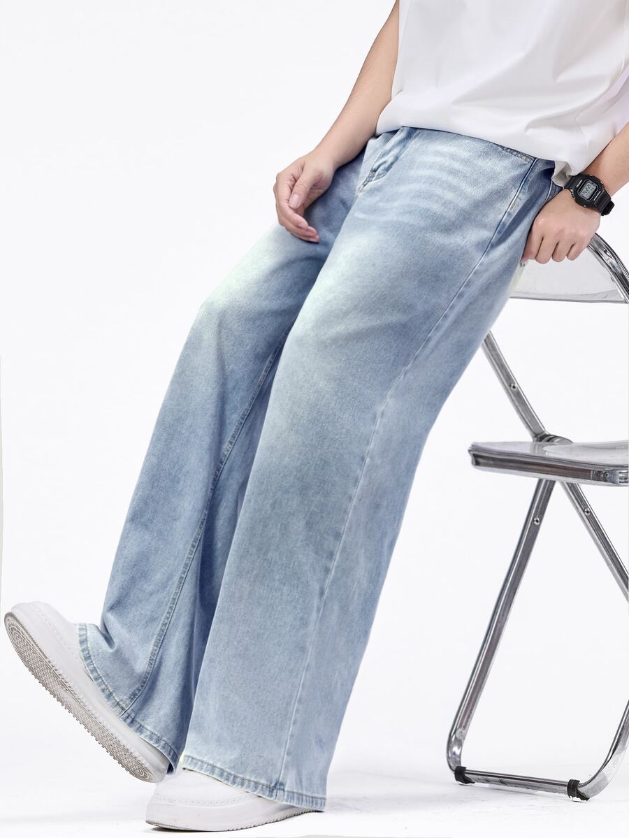 SHEIN 休閒寬鬆直筒水洗灰色牛仔褲，四季百搭，適合青少年男孩，秋季海灘，2027屆畢業生