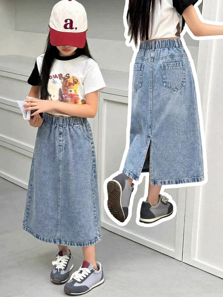 SHEIN 青少年女孩淺藍色牛仔裙,秋季甜美休閒街頭風學院風,彈性腰頭,後開衩下擺,A字裙,返校季,假期 - 淺色水洗藍 - 查看 1