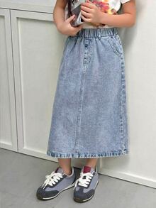 SHEIN 青少年女孩淺藍色牛仔裙，秋季甜美休閒街頭風學院風，彈性腰頭，後開衩下擺，A字裙，返校季，假期 - 淺色水洗藍 - 查看 3