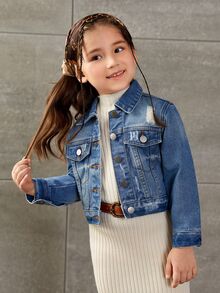 SHEIN Young Girl Ripped Flap Pocket Denim Jacket, School, Campus, College Autumn Fall - Dark Wash - View 4