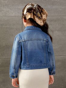 SHEIN Young Girl Ripped Flap Pocket Denim Jacket, School, Campus, College Autumn Fall - Dark Wash - View 2