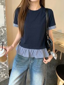 DAZY Women's Plaid Patchwork Round Neck Casual Short Sleeve T-Shirt - Navy Blue - View 10