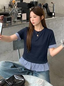 DAZY Women's Plaid Patchwork Round Neck Casual Short Sleeve T-Shirt - Navy Blue - View 7