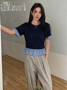 DAZY Women's Plaid Patchwork Round Neck Casual Short Sleeve T-Shirt - Navy Blue - View 5
