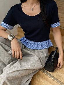 DAZY Women's Plaid Patchwork Round Neck Casual Short Sleeve T-Shirt - Navy Blue - View 4