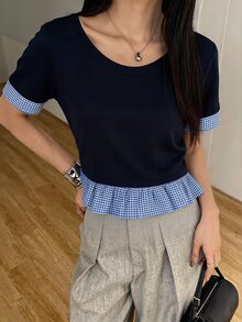 DAZY Women's Plaid Patchwork Round Neck Casual Short Sleeve T-Shirt - Navy Blue - View 3
