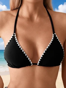 Swim Basics 女士对比色饰边吊带比基尼套装和比基尼套装，适合海滩度假夏日海滩 - 黑色 - 查看 3