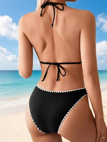 Swim Basics 女士对比色饰边吊带比基尼套装和比基尼套装，适合海滩度假夏日海滩 - 黑色 - 查看 2
