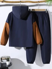 SHEIN 2pcs Kids Tween Boy Casual Sports Pattern Contrast Color Webbing Stand Collar Jacket & Pants Set, Suitable For Commuting, School, Daily Casual, Vacation, Travel, Sports, Autumn/Winter - Royal Blue - View 4
