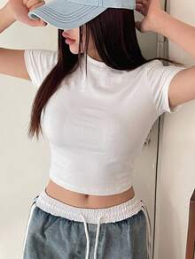 Livesso Solid Color Slim Fit Short Sleeve Round Neck Women's T-Shirt Summer - White - View 9