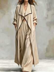 Trelyra Women's Early Autumn Korean Style Slouchy Apricot Color Contrast Lapel Long Sleeve Jacket, Versatile Daily Commute Vacation Outfit - Khaki - View 7