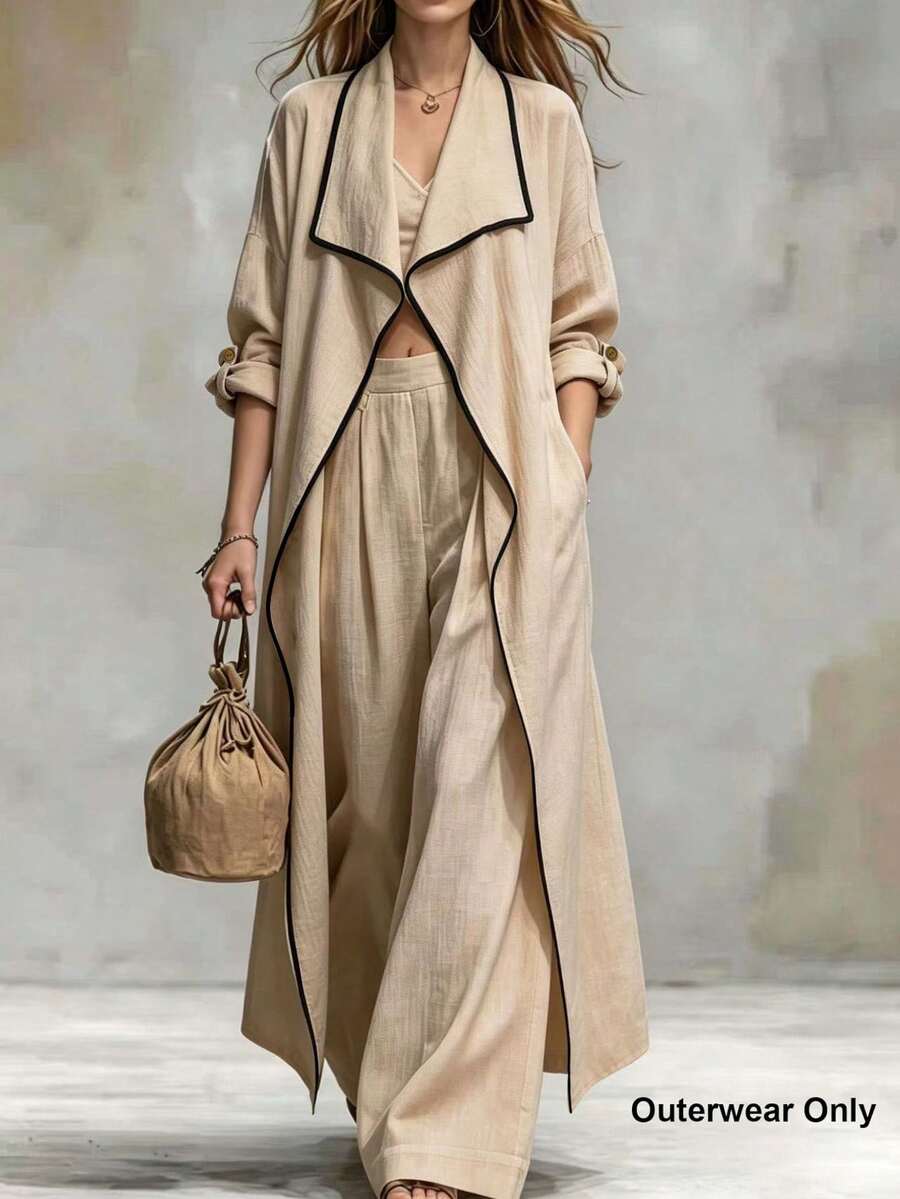 Trelyra Women's Early Autumn Korean Style Slouchy Apricot Color Contrast Lapel Long Sleeve Jacket, Versatile Daily Commute Vacation Outfit - Khaki - View 1