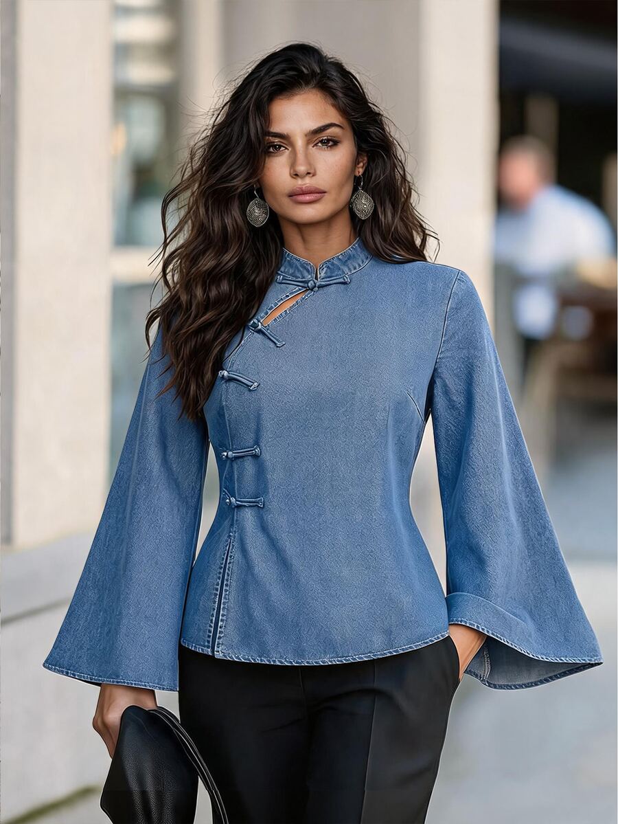 Balvessa Women's Frog Button Casual Daily Denim Top - Blue - View 1