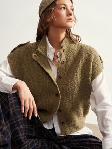 Bohemela 女款純色單排扣休閒復古針織開襟衫 辦公穿搭 橄欖綠 秋季 - 軍綠色 - 查看 5