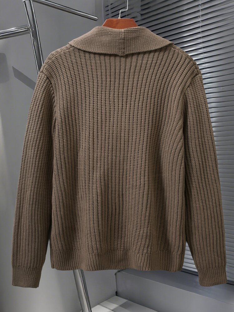 Formmaro Men's Solid Color Long Sleeve Single-Breasted Casual Knit Cardigan, Brown, Old Money - Khaki - View 3