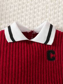 SHEIN 新生兒男嬰 2件套 羅紋針織 Polo 領上衣 字母貼布長褲 秋冬套裝 0-12M 聖誕家庭穿搭 拍照可愛 - 酒紅色 - 查看 5