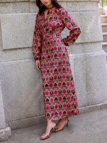 Nöista Women's V-Neck All-Over Print Casual Party Long Dress - Dusty Pink - View 1