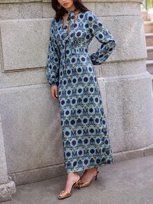 Nöista Women's V-Neck All-Over Print Casual Party Long Dress - Lake Blue - View 1