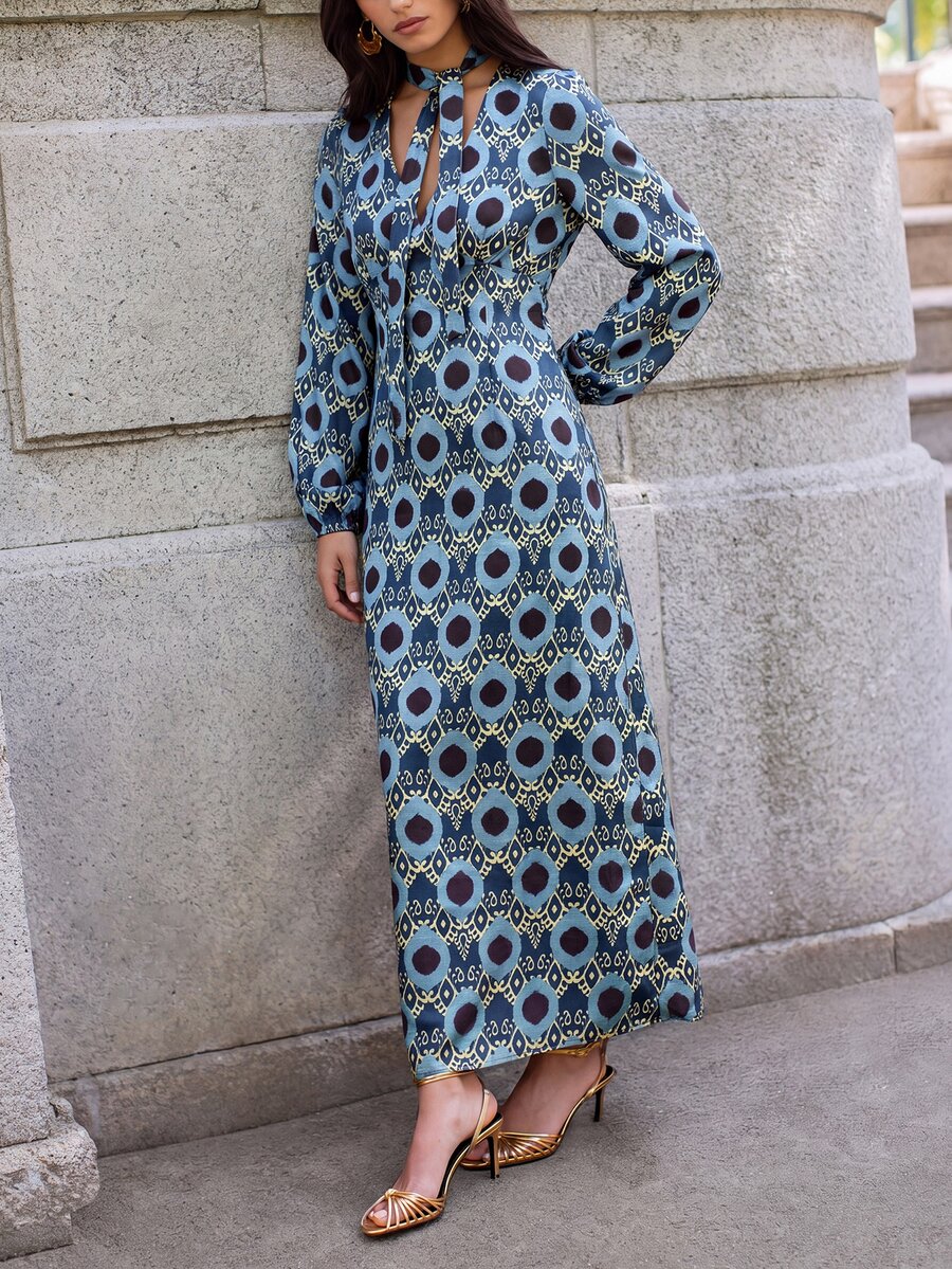 Nöista Women's V-Neck All-Over Print Casual Party Long Dress - Lake Blue - View 1