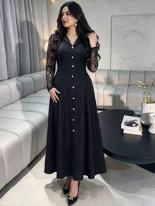Modelyn Đầm midi nữ size lớn màu đen phối ren tương phản, cổ chữ V, tay dài, hàng cúc trước, chân váy chữ A, đầm dự tiệc tối mùa thu thanh lịch - màu đen - Xem 6