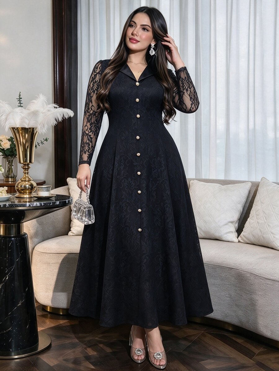 Modelyn Đầm midi nữ size lớn màu đen phối ren tương phản, cổ chữ V, tay dài, hàng cúc trước, chân váy chữ A, đầm dự tiệc tối mùa thu thanh lịch - màu đen - Xem 1