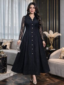 Modelyn Đầm midi nữ size lớn màu đen phối ren tương phản, cổ chữ V, tay dài, hàng cúc trước, chân váy chữ A, đầm dự tiệc tối mùa thu thanh lịch - màu đen - Xem 5